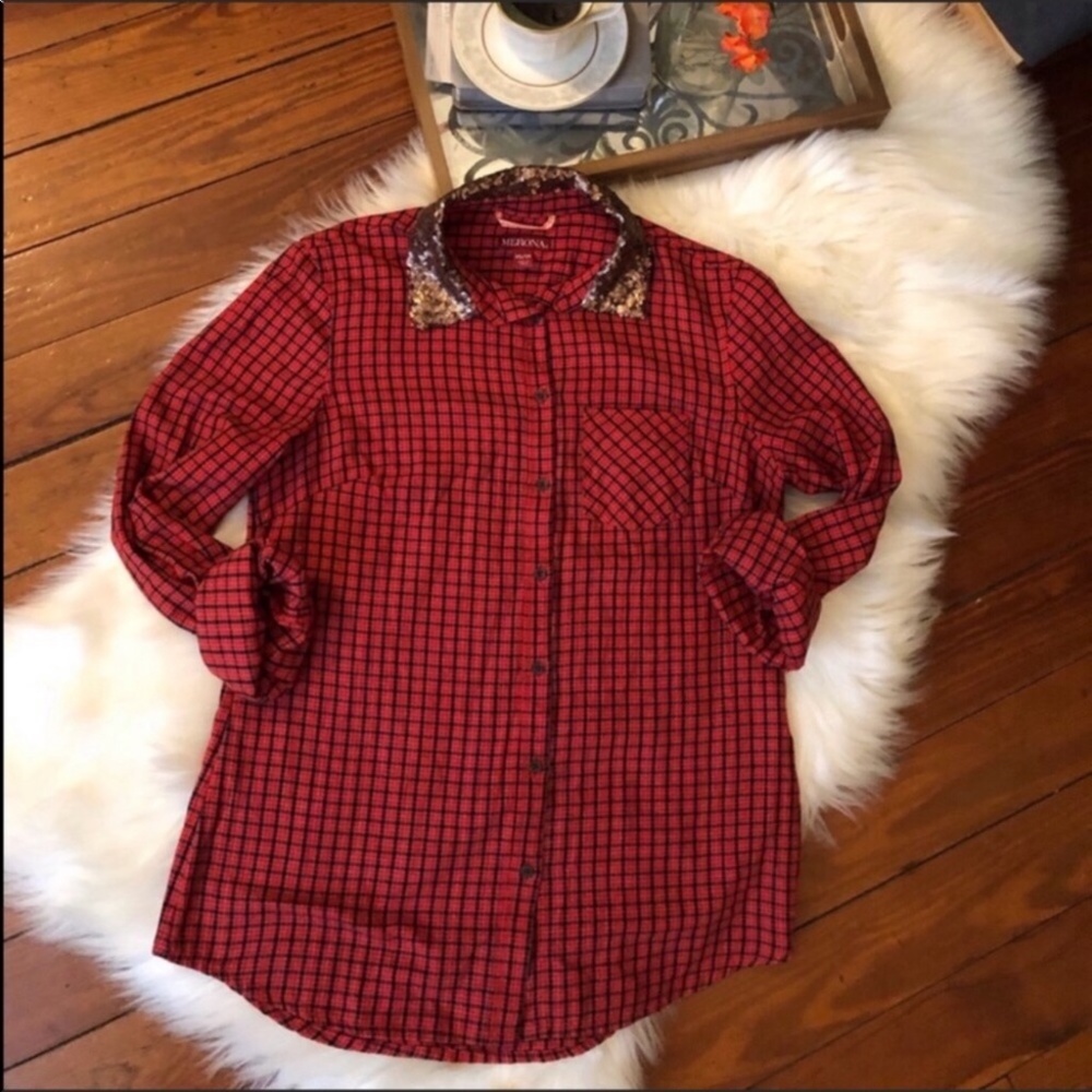 Merona red micro check sequin collar shirt xs